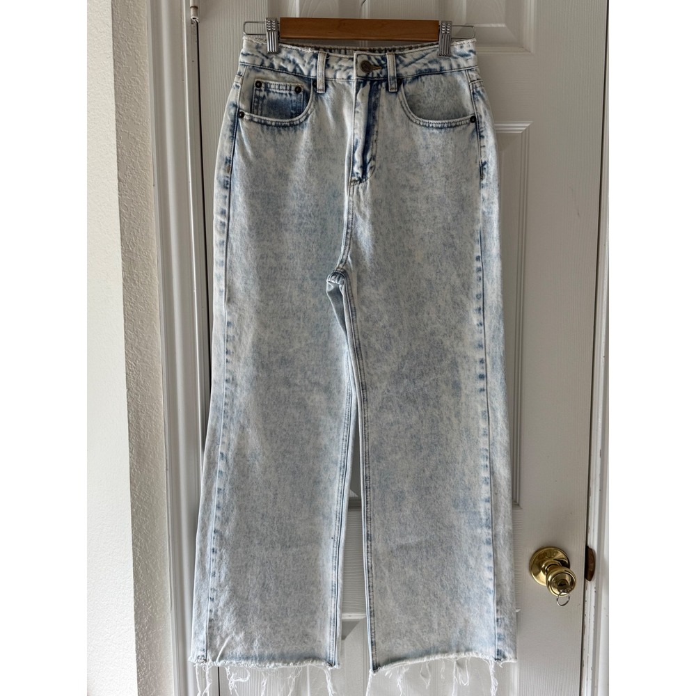 AMUSE Society 26 High Rise Wide Leg Acid Wash Crop Jeans Raw Hem